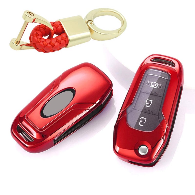 ROYALFOX(TM 2 3 Buttons Soft TPU flip Remote Key Fob case Cover for 2015 2016 2017 2018 2019 Ford F150 F250,Focus 3 Escort Kuga Everest Fiesta Mustang Edge MKV Fusion 2016 Ranger (red) - Image 2